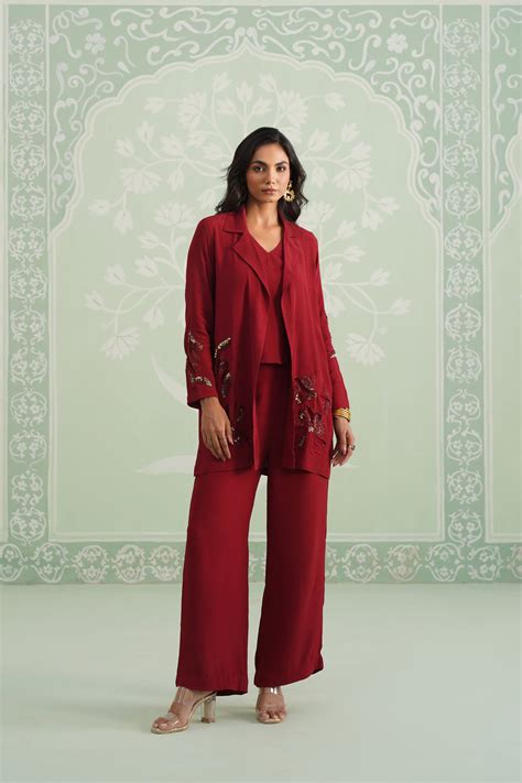 Sangria Satin Crepe Embroidered Matching Set | Neetika Chopra