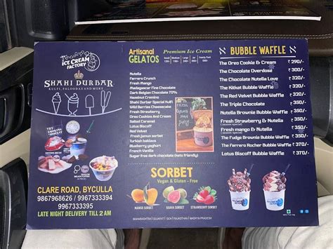 Menu at Ice cream Factory and Shahi Durbar, Mumbai