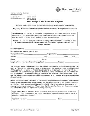 Fillable Online pdx ESL/Bilingual Endorsement Program - Portland State ...