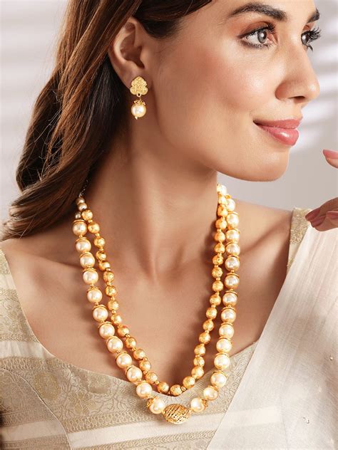 Shop Rubans Traditional Handmade Pearl And Antique Gold Beads Strand ...