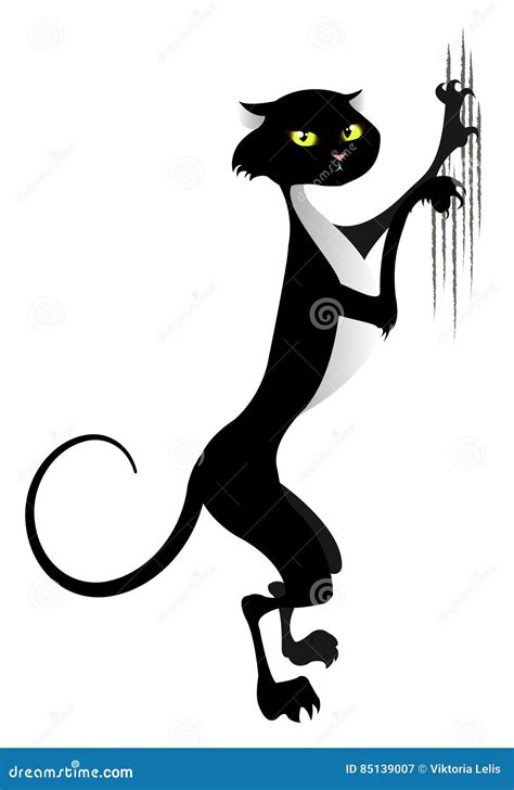 Black Cat Scratching The Wall. Silhouette Of Cartoon Cat Climbing The ...