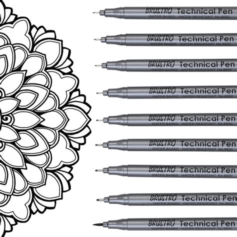 BRUSTRO Technical Fineliner & Brush Pen Set of 9 |Black| Tip Sizes - 0. ...