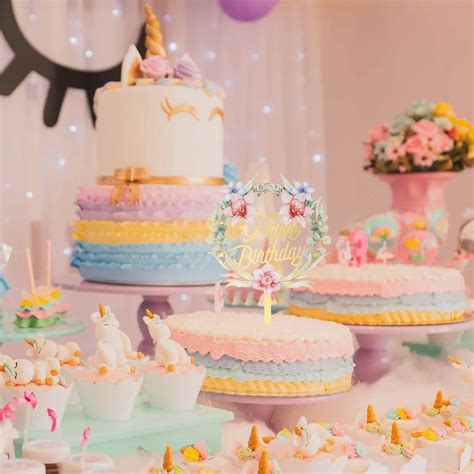 Buy HOTBEST Gold Acrylic Happy Birthday Cake Topper Flower Cupcake ...