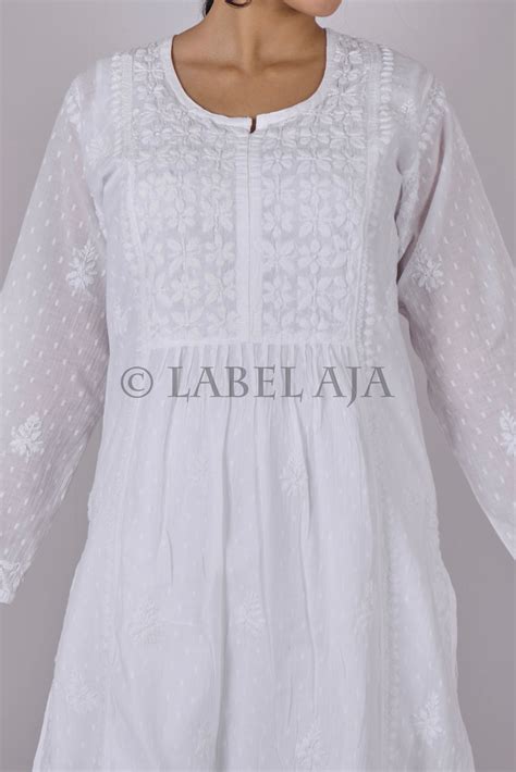 Dobby cotton long chikankari kurti – Label Aja Chikankari