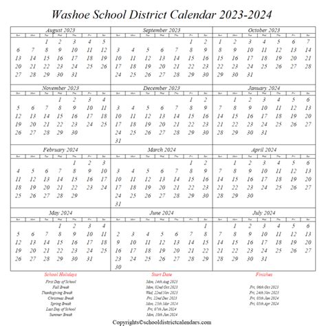 Washoe School District 2023-2024 Calendar With Holidays