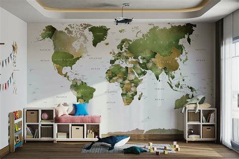 World Map Mural in Green Tones for Walls