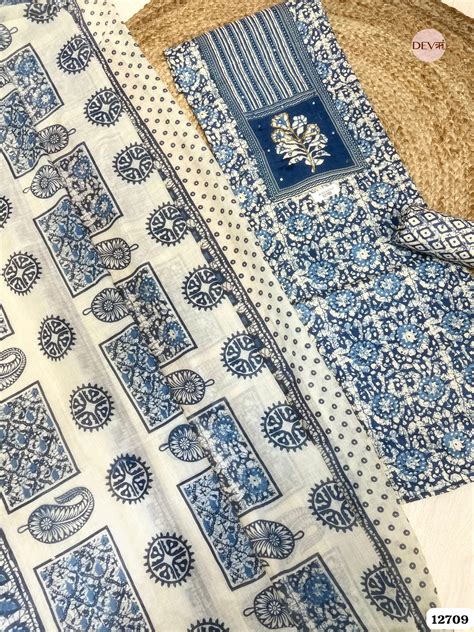 Indigo Blue Cotton Printed Unstitched 3-Piece Suit (Devri – D.No 12709