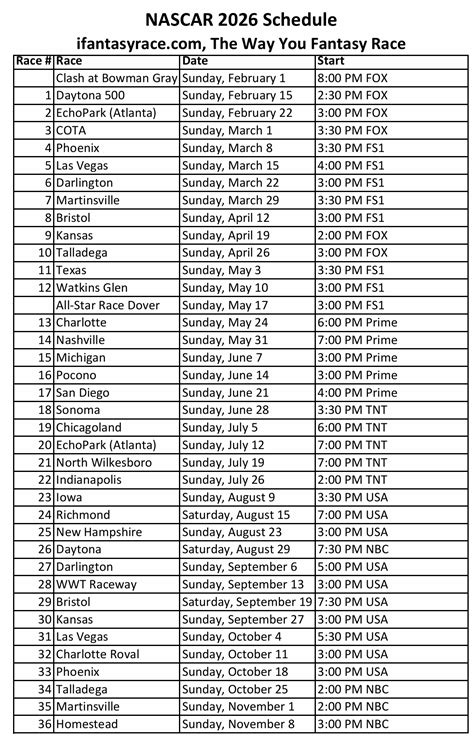 NASCAR Cup Series 2026 Printable Schedule with Start Times/ Channels ...