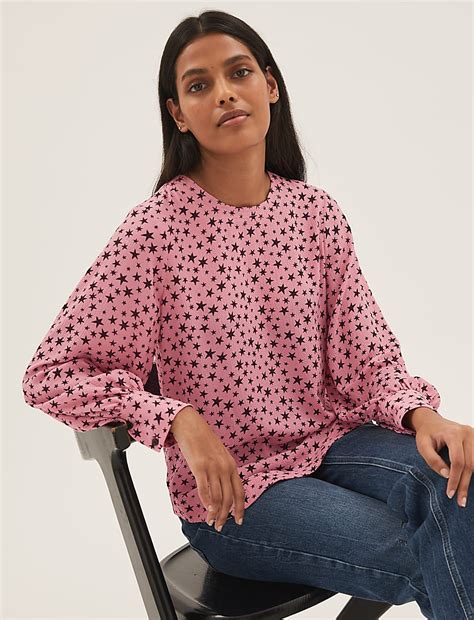 Buy Star Print Round Neck Long Sleeve Blouse at Marks & Spencer