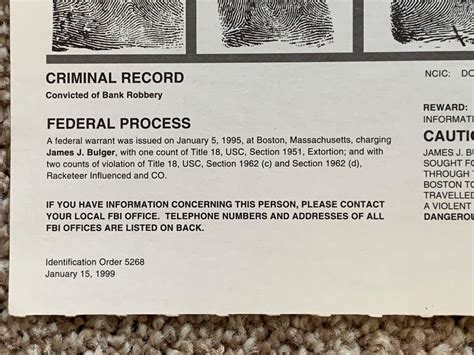 MOB BOSS JAMES "WHITEY" BULGER AUTHENTIC "WANTED BY FBI" POSTER - 1/15 ...