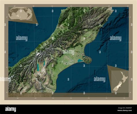 Canterbury, regional council of New Zealand. High resolution satellite map. Locations of major ...