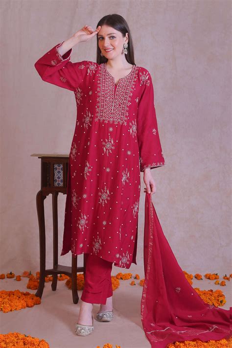 Hot Pink Chanderi Chikankari And Moti Work Kurta Set – illica designs