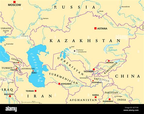 Caucasus and Central Asia political map with countries, their capitals ...