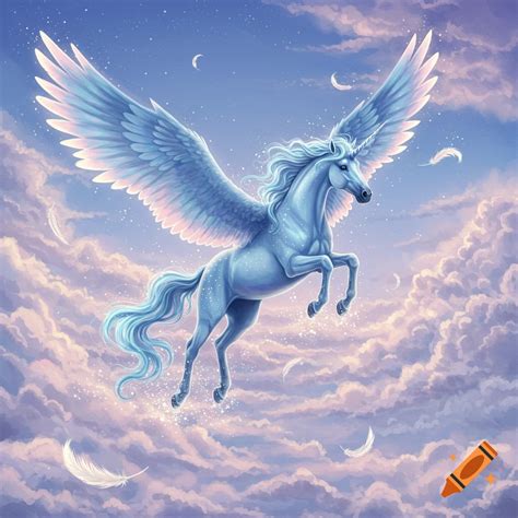 A majestic blue unicorn with large wings soars gracefully through a ...
