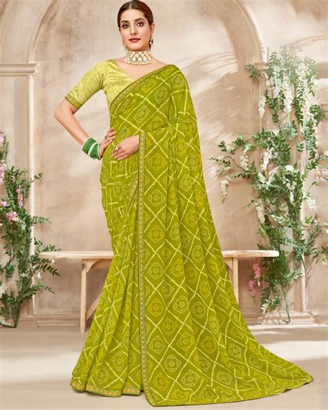 Vishal Prints Olive Green Printed Georgette Saree With Fancy Border