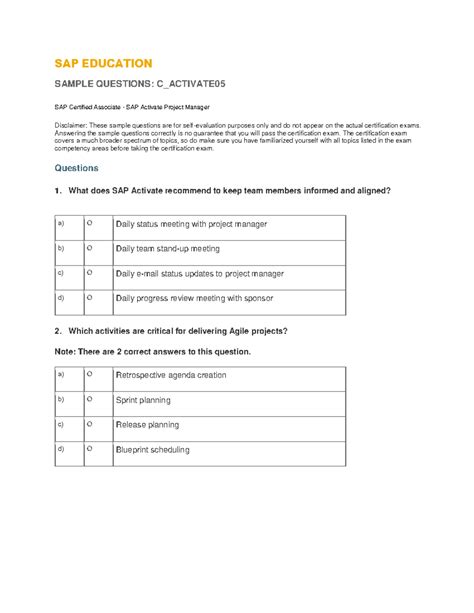 Sap activate - Summary Ba programmme - SAP EDUCATION SAMPLE QUESTIONS ...