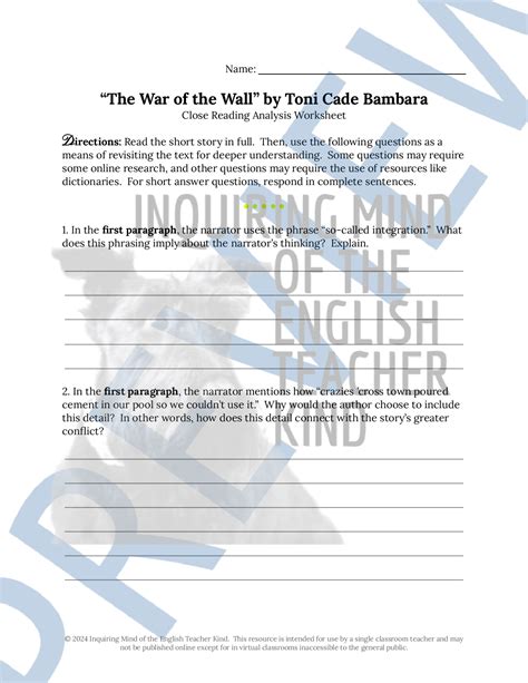 "The War of the Wall" by Toni Cade Bambara Close Reading Analysis ...