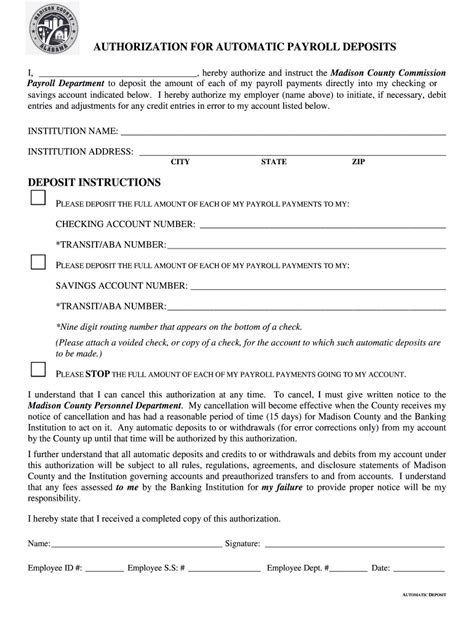 Fillable Online madisoncountyal Authorization for automatic payroll ...
