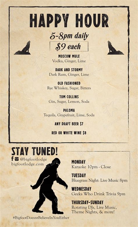 Menu at Bigfoot Lodge pub & bar, Los Angeles