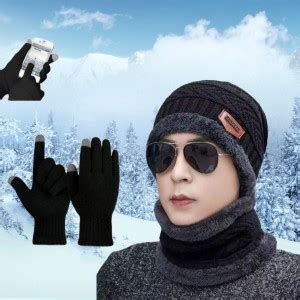 REFFER Winter Woolen cap neck warmer (Fur Inside) &Touchscreen Gloves ...