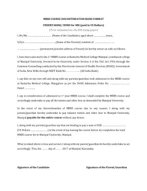 Fillable Online apply manipal MBBS COURSE DISCONTINUATION BOND FORMAT ...