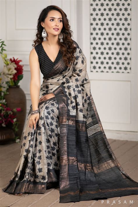 Glad Grace Printed Tussar Gichha Handwoven Silk Saree – Prasam Crafts
