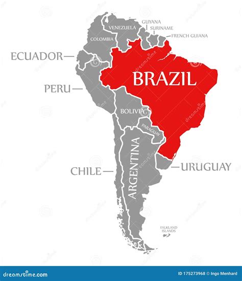 Brazil Red Highlighted in Continent Map of South America Stock ...