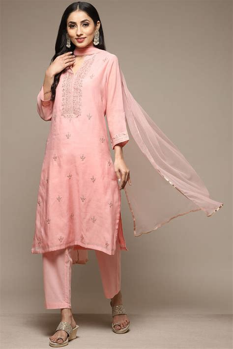 Blush Pink Cotton Blend Straight Kurta Pant Suit Set at Biba India