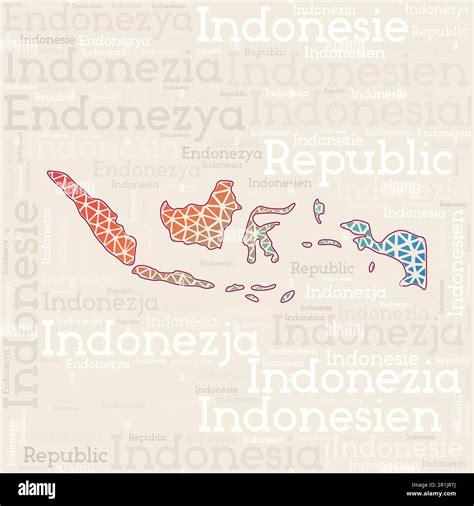 Indonesia map design. Country names in different languages and map shape with geometric low poly ...
