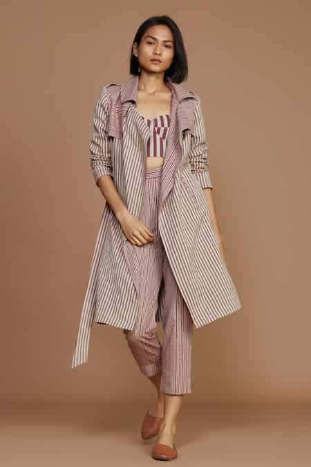 Buy Pink 100% Cotton Stripes Corset Sweetheart, Trench Coat Notched And ...