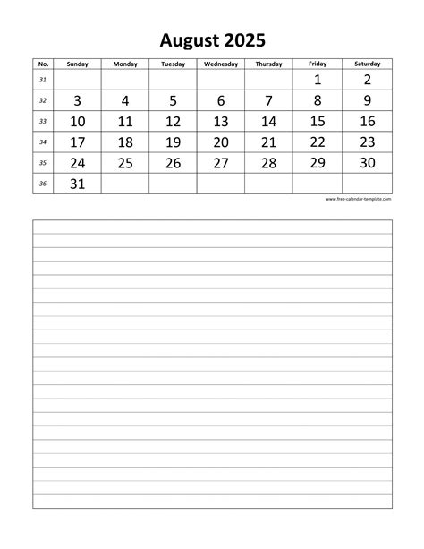 Printable 2025 August Calendar grid lines for daily notes (vertical ...