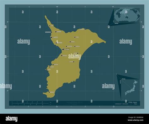 Chiba, prefecture of Japan. Solid color shape. Locations and names of major cities of the region ...