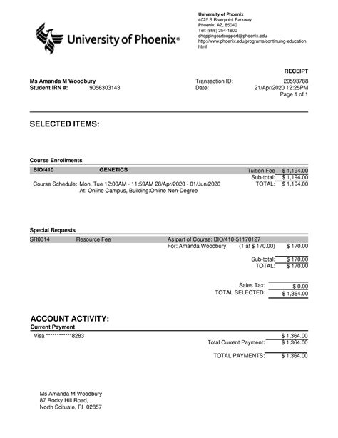 Receipt for genetics - University of Phoenix 4025 S Riverpoint Parkway ...