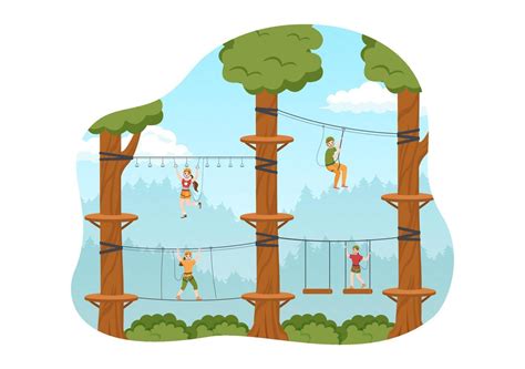 Zip Line Illustration with Visitors Walking on an Obstacle Course and ...