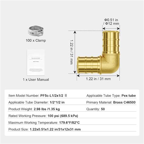 VEVOR Pipe Fittings 1/2in 50PCS Brass Pipe Fittings Clamp-style Elbows ...