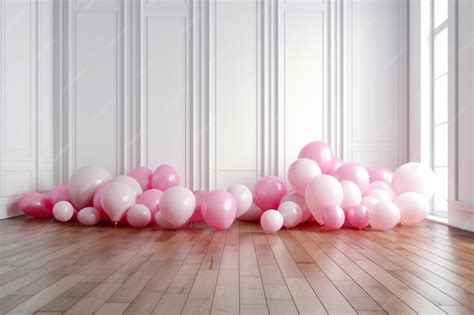 Premium Photo | Bunch of pink and white balloons on wooden floor in ...