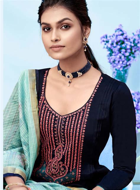 Women Blue Cotton Unstitched Suit Material with Embroidery – Stilento