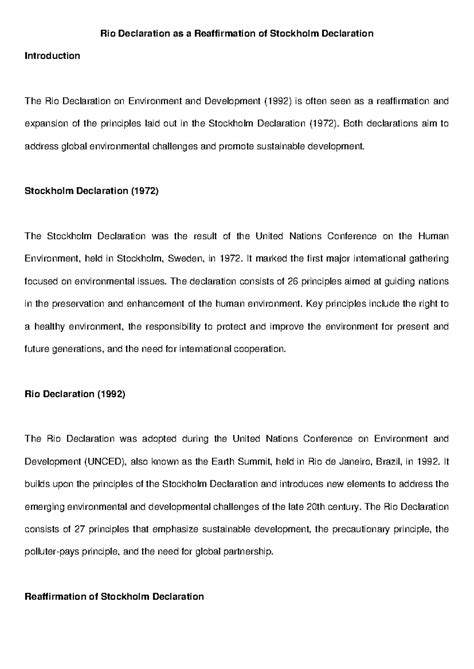 Comparative Analysis of the Rio and Stockholm Declarations - Studocu