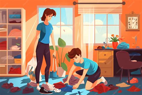 Premium Vector | Mother Helping Son Clean Up Messy Room Illustration