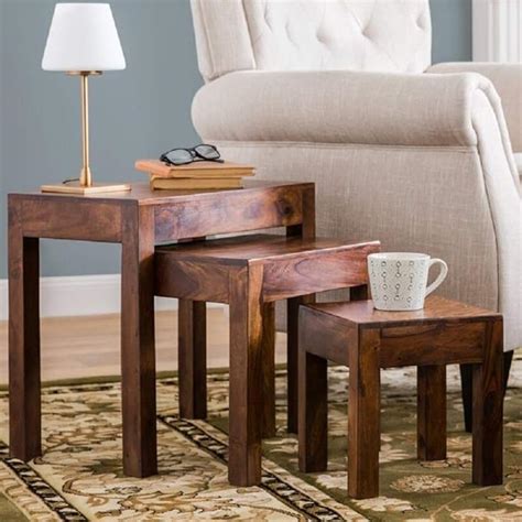 MARVEL WOOD Solid Sheesham Wood Nesting Table Set of 3 Stools Bedside ...
