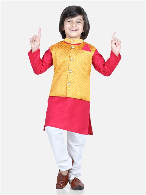 BownBee Attached Jacquard Jacket Kurta Pajama for Boys- Pink