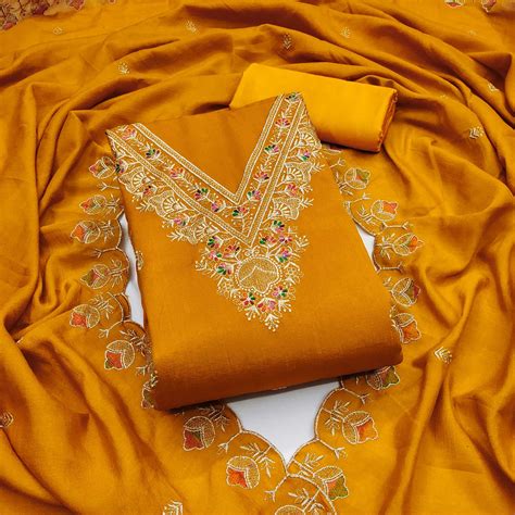 Mustard Floral Vichitra Silk Dress Material With Elegant Zari Embroide