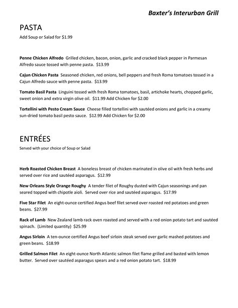 Menu at Baxter's Interurban Grill pub & bar, Tulsa