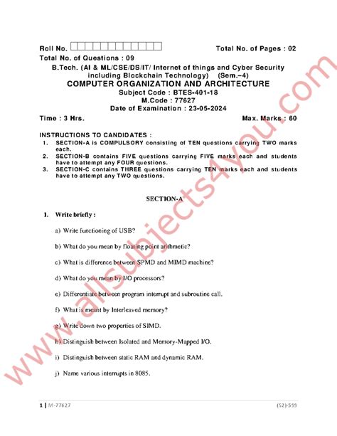 B.Tech Sem 4: Computer Organization & Architecture (BTES 401) Exam ...