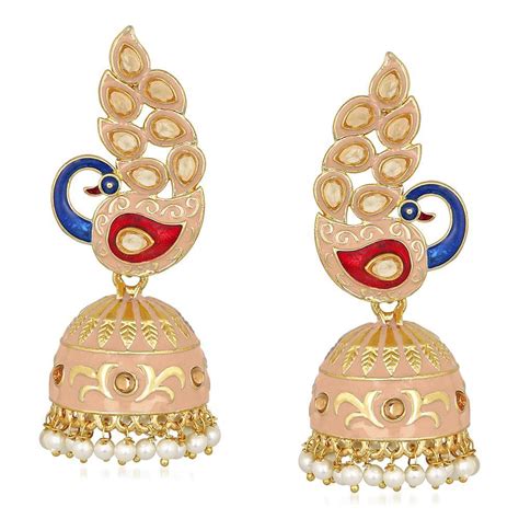 Mahi Traditional Ethnic Pink Meena Peacock Dangle Jumka Earrings with ...