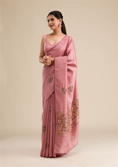 Buy Peach Threadwork Soft Silk Saree - Koskii