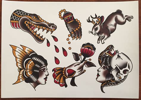 American Traditional Tattoo Flash Sheets - Watercolor Tattoo Design