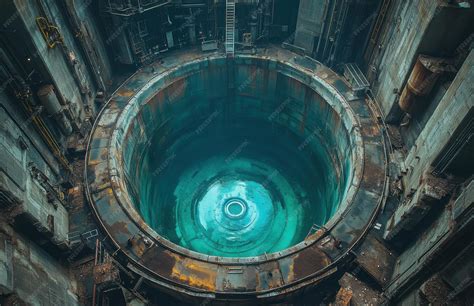 Aerial view of an underground nuclear reactor with glowing blue liquid ...
