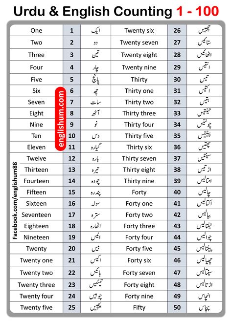 English to Urdu counting 1 to 100 - Englishum