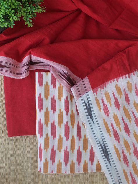 Off-White and Red Pochampally Ikkat Handloom Cotton Dress Material ...